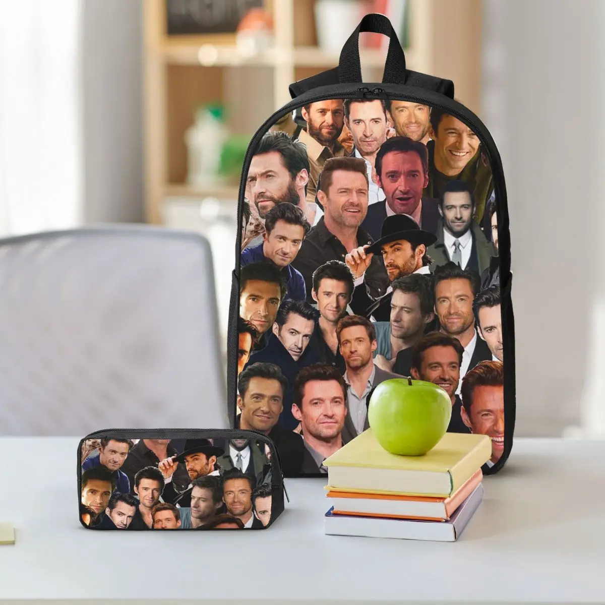 Hugh Jackman Photo Collage Backpack Student BookBag School Bag Shoulder Bags 3ps Insulated Lunch Bag Pencil Case