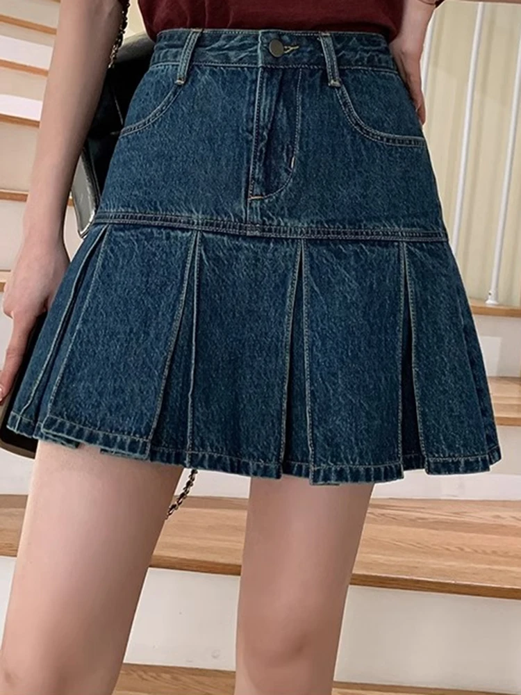 Women High Waist Korean Style Denim Pleated Skirts Female Elegant Ruched Dress Lady Blue A Line Mini Wrap Hips Skirts Large Size