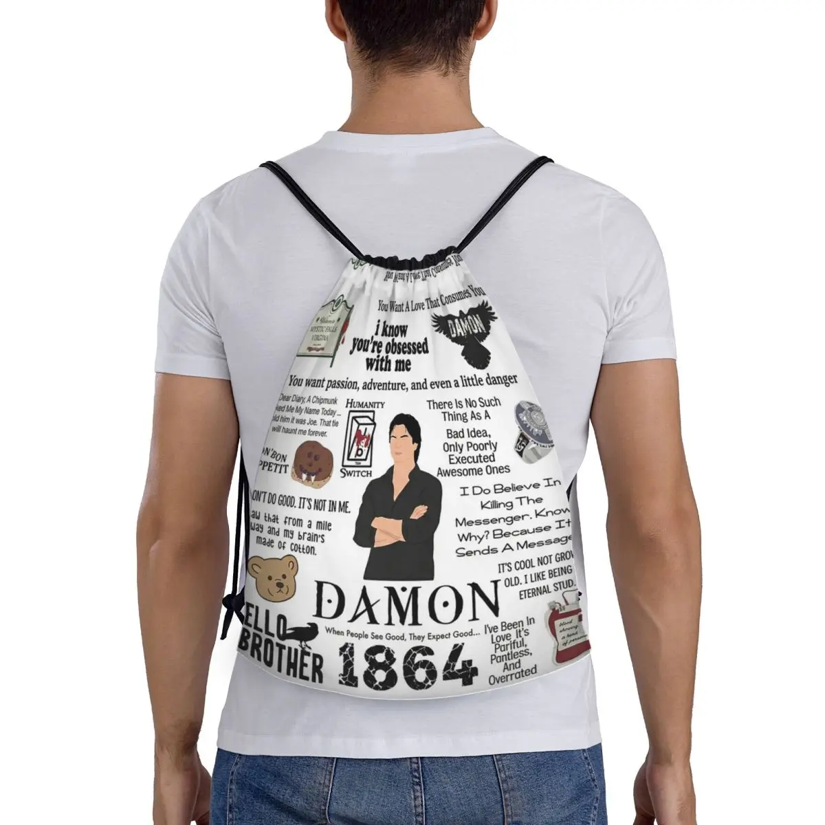 The Vampire Diaries Damon Salvatore TV Series Backpacks Multi-function Drawstring Bags Sports Bag Book Bags for Man Woman School