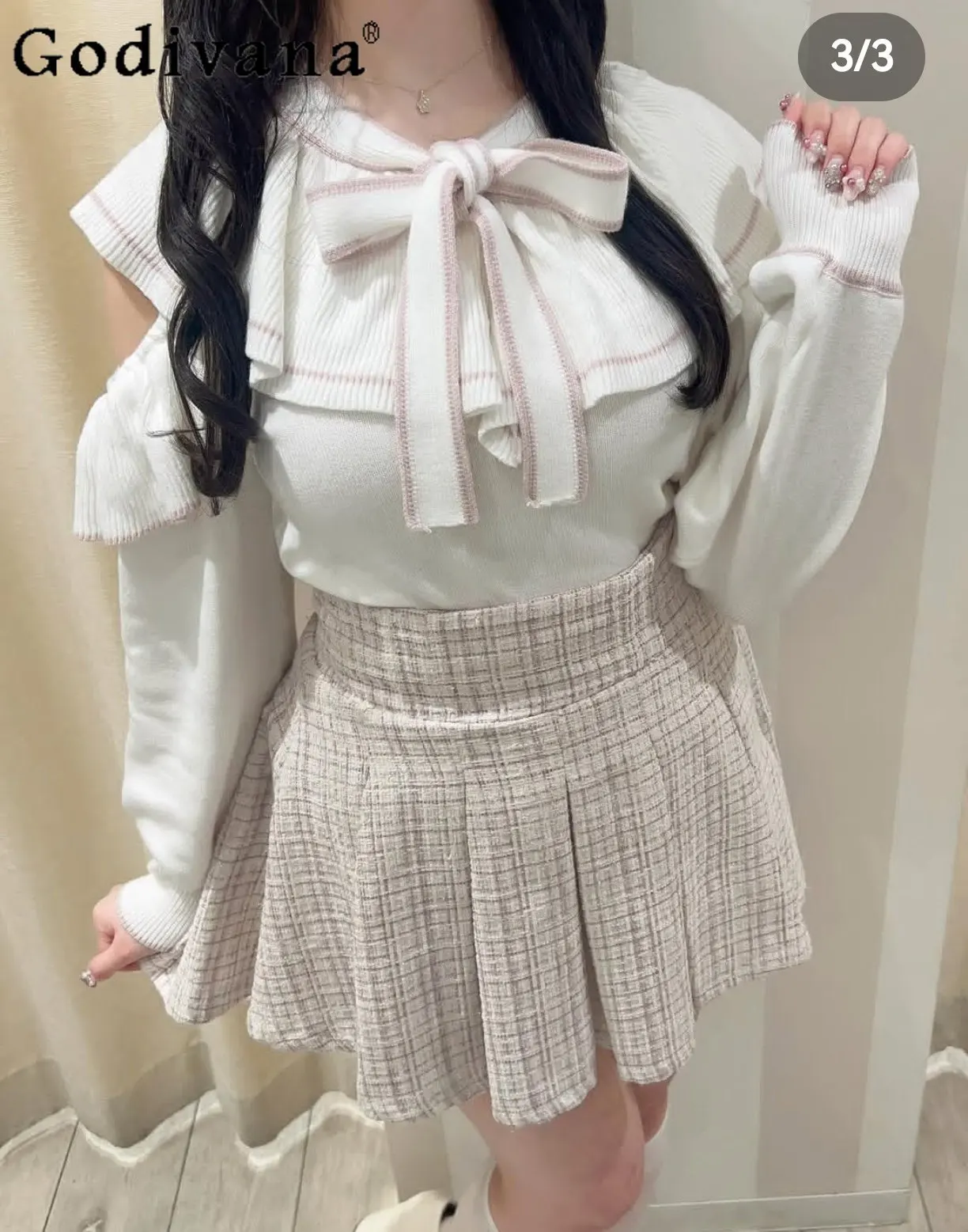 

2026 Spring and Autumn New Japanese Style Sweet Girl Off-Shoulder Ruffle Collar Top with Bow Soft Knit Sweater