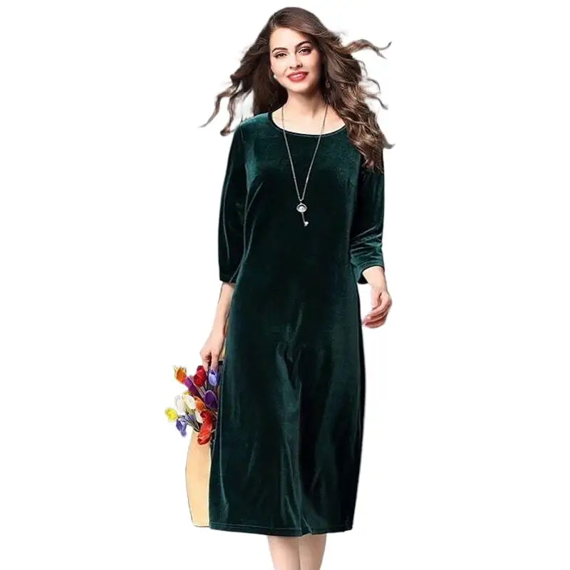 Brand good quality women Spring and Autunm office long maxi velvet dress,  2024 Elegant winter velour dress