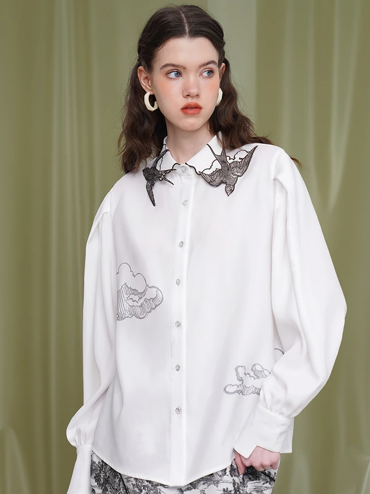 Women\'s Swallow Embroidery Thin Shirt, Summer and Spring Shirt