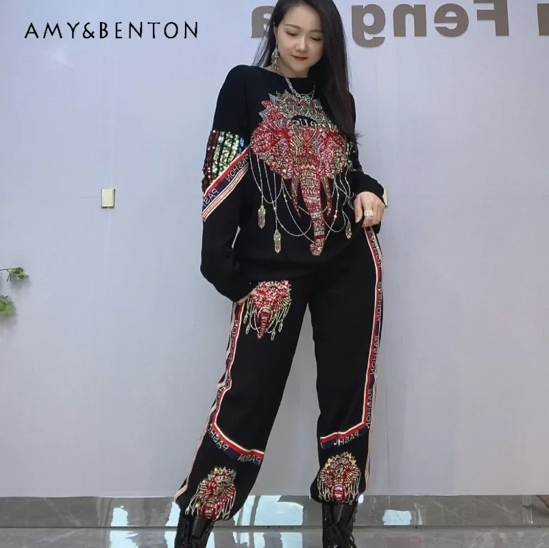 

Autumn Winter Fashion O-Neck Suit Sequined Splicing Oversized Long-Sleeves Hoodies Long Pants Diamond Drills Two-piece Set Women