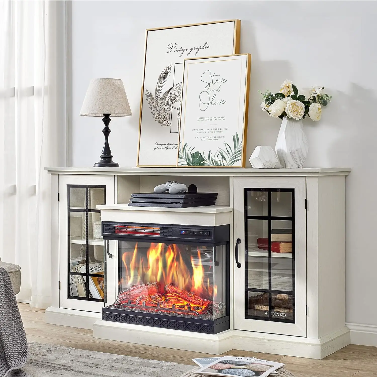 Soporte de TV con chimenea de vidrio de 3 lados para televisores de hasta 65 pulgadas con 12 colores, mesa de consola central de entretenimiento multimedia, blanco