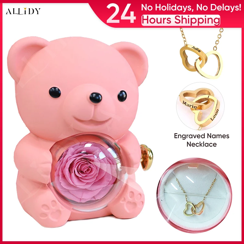 Real Preserved Eternal Rose Teddy/Hugging Bear with Engraved Name Necklace Jewelry Box Mothers Day Birthday Holiday Gifts Women