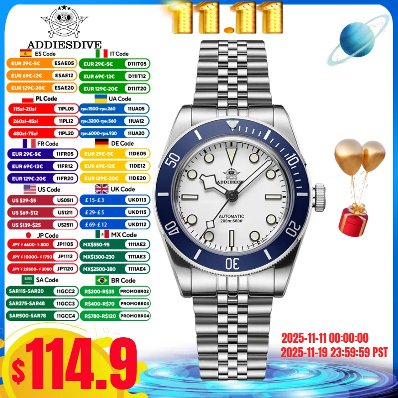 

ADDIESDIVE 39mm Men Watches 316L Stainless Steel BGW9 Super Luminous 20Bar Waterproof Automatic Mechanical Watches Reloj Hombre