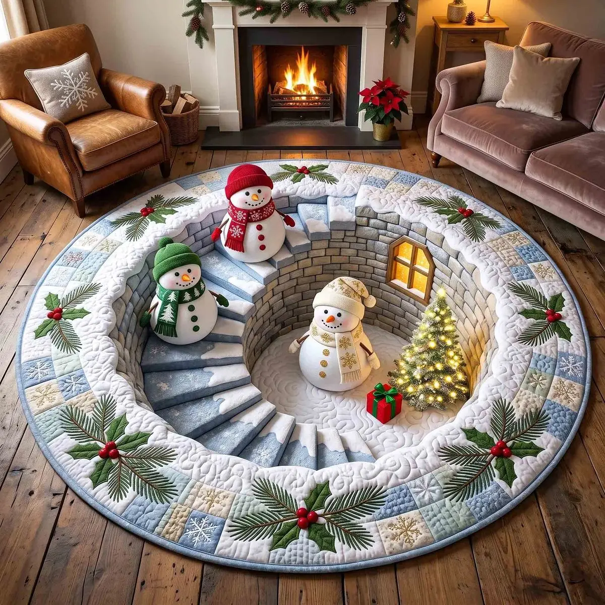 VIKAMA Christmas Gifts Socks Snow Scene Round Rug Soft Flannel Non-Slip Bedroom Bedside Living Room Christmas Carpet Cozy Home