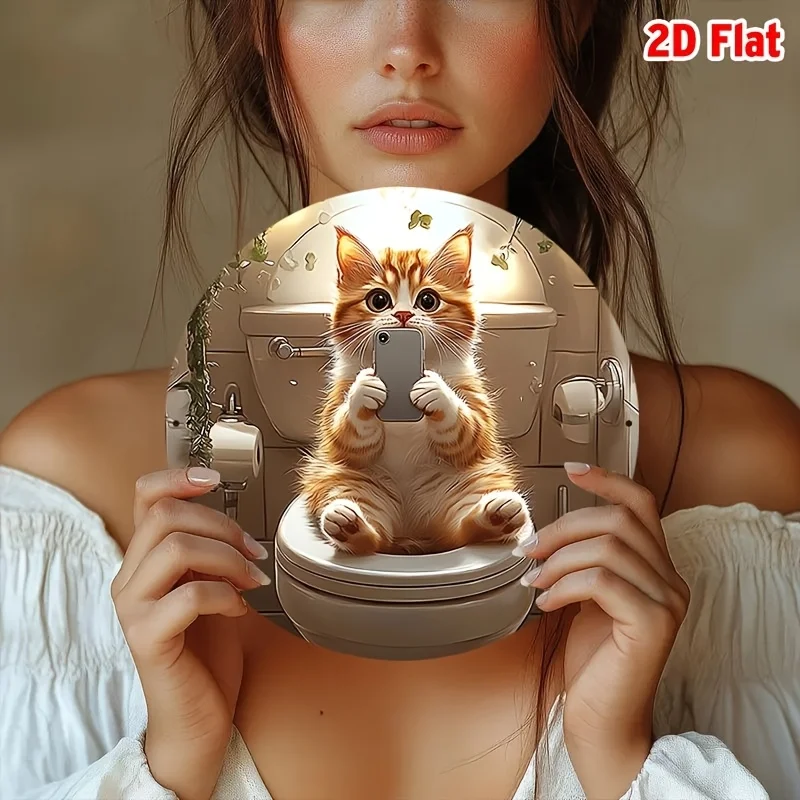 2D Flat - A 2D Flat Design Featuring a Quirky Cat on a Toilet with a Smartphone, Measuring 20.32 Cm, Is a Retro-Style Wall Art P