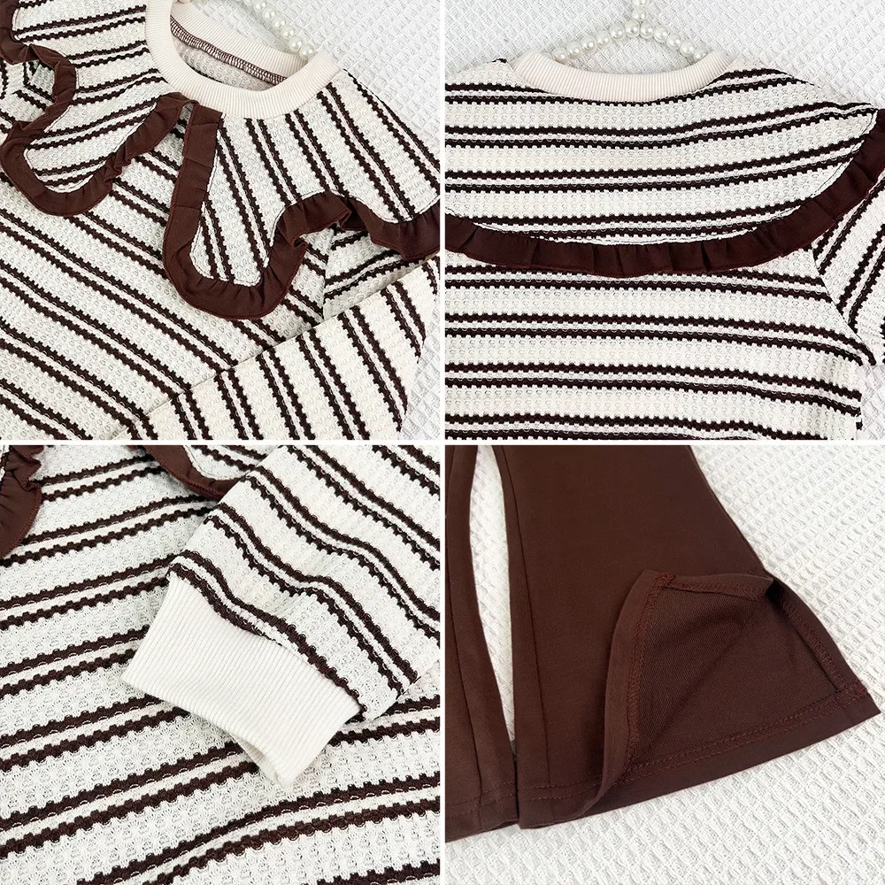Herbst Kinder Gestreiftes Oberteil mit Rüschenkragen + Schlaghose 2-teiliges Set Kleinkind Mädchen Lässiges Langarm-Outfit Kinder Alltagskleidung – Detail 8