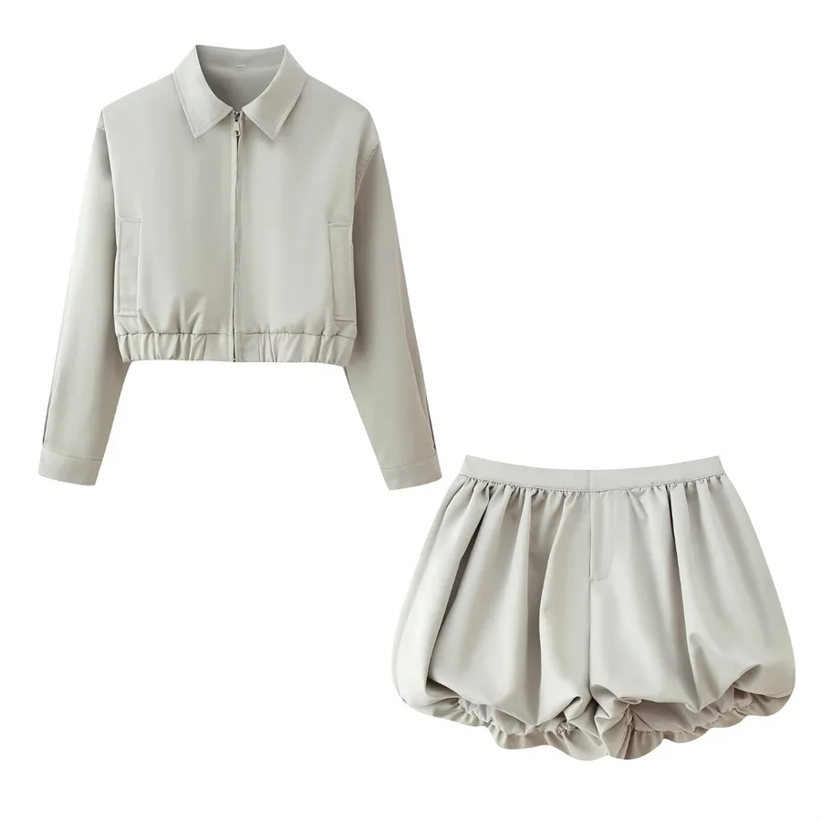 

Withered Collar Short Zipper Long Sleeved Jacket, Jacket, Shorts Set New Two Piece Set Women's Suit Ropa Mujer