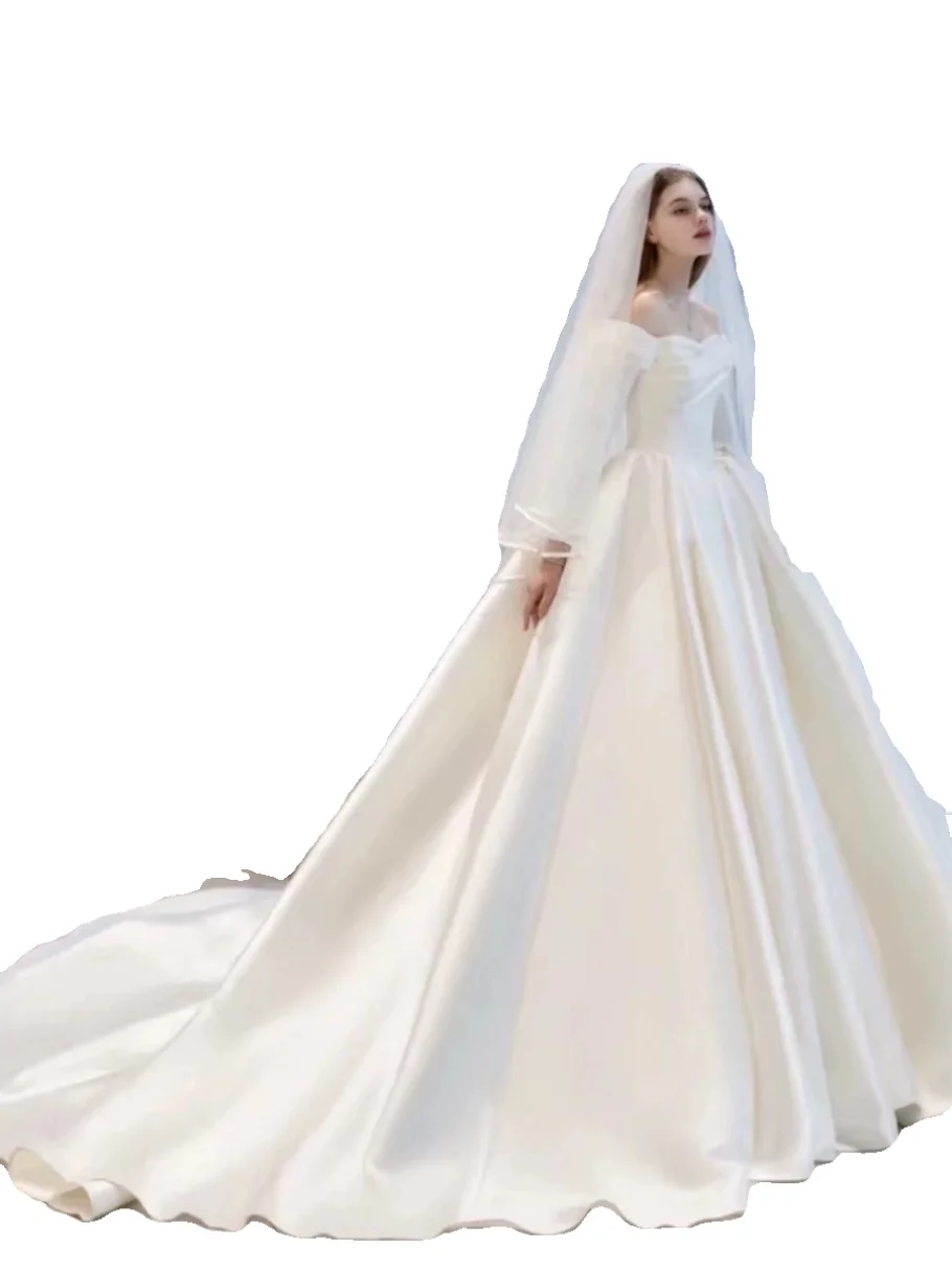 Coréen Sle Satin Light Mariage Dr Nouvelle Mariée Une épaule Longue Sve Minceur Nouveau Modèle Principal Dr Elely Simple Vint...