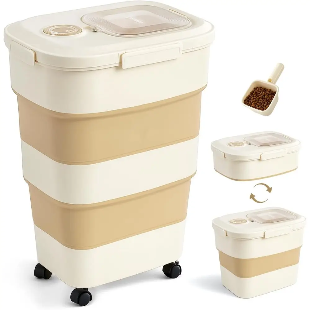

Collapsible Airtight Pet Food Container with Wheels, Transparent Lid, Scoop, and Date Tracker, Khaki