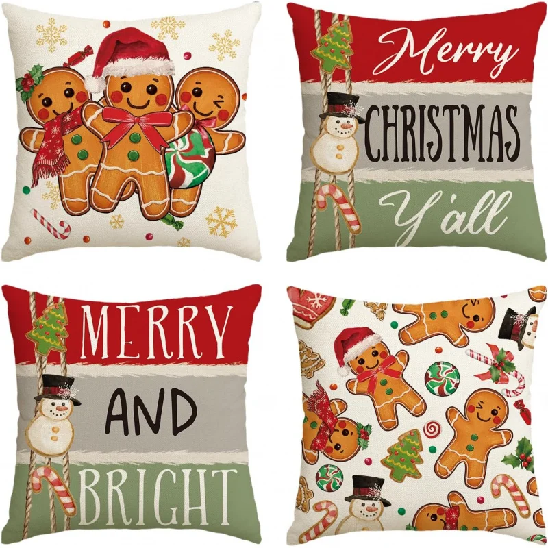 

Christmas tree gingerbread man snowflake pillow cover, 18 x 18 inch winter candy cushion sofa cover decoration 4-piece pillow se