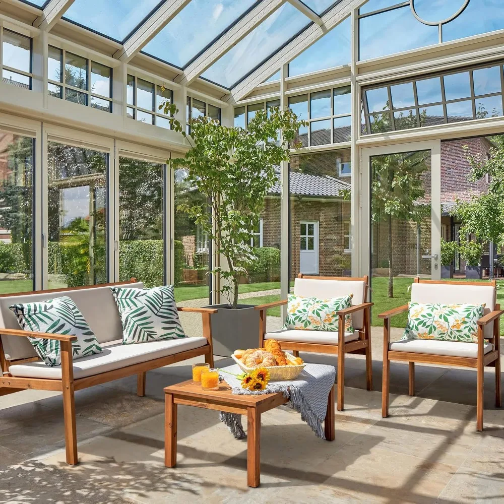 Ensemble de canapé de conversation extérieur en bois d'acacia, table et coussins, chaises de porche, jardin, terrasse, arrière-cour, 4 pièces