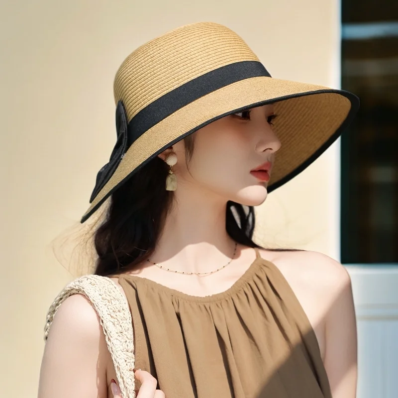 قبعة للشاطئ صيف جديد قبعة المرأة الراقية واقية من الشمس قبعة الشمس الصيف تنفس القش قبعة في الهواء الطلق القوس قبعة الشمس قبعة أنيقة على الموضة 2