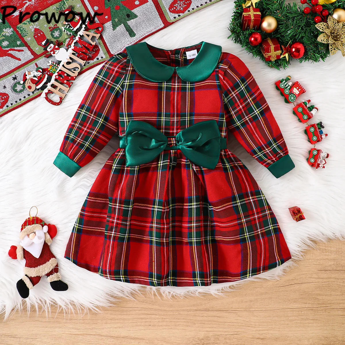 

1-5Y Baby Christmas Dress For Kids Doll Collar Front Big Bow Red Plaid Dresses Children's New Year Clothes 2026 Eevning Dress