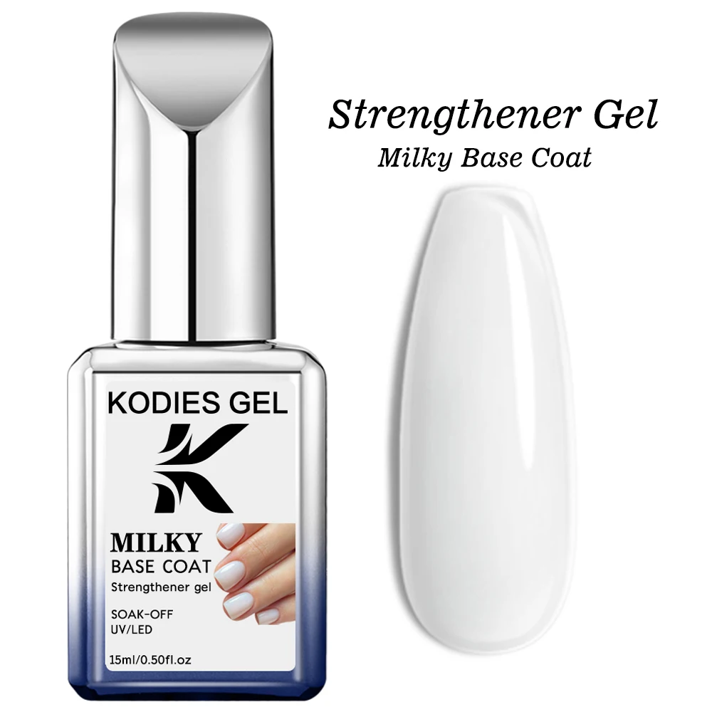 KODIES GEL Milky White Base Coat Gel Nail Polish Strengthener Gel Primer 15ml New Formula Semi Permanent UV Rubber Base Manicure