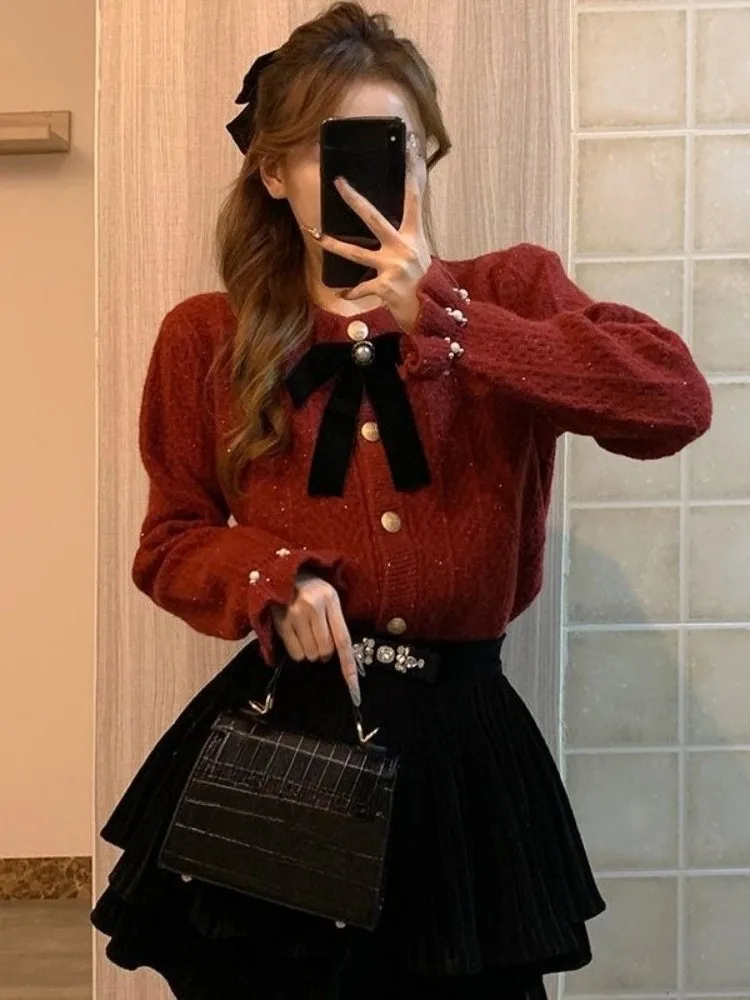 

Корейский стиль, новогодний комплект из двух предметов, вязаный свитер с бантом + дизайнерская юбка-миди для женщин, осень-зима 202, повседневная модная одежда