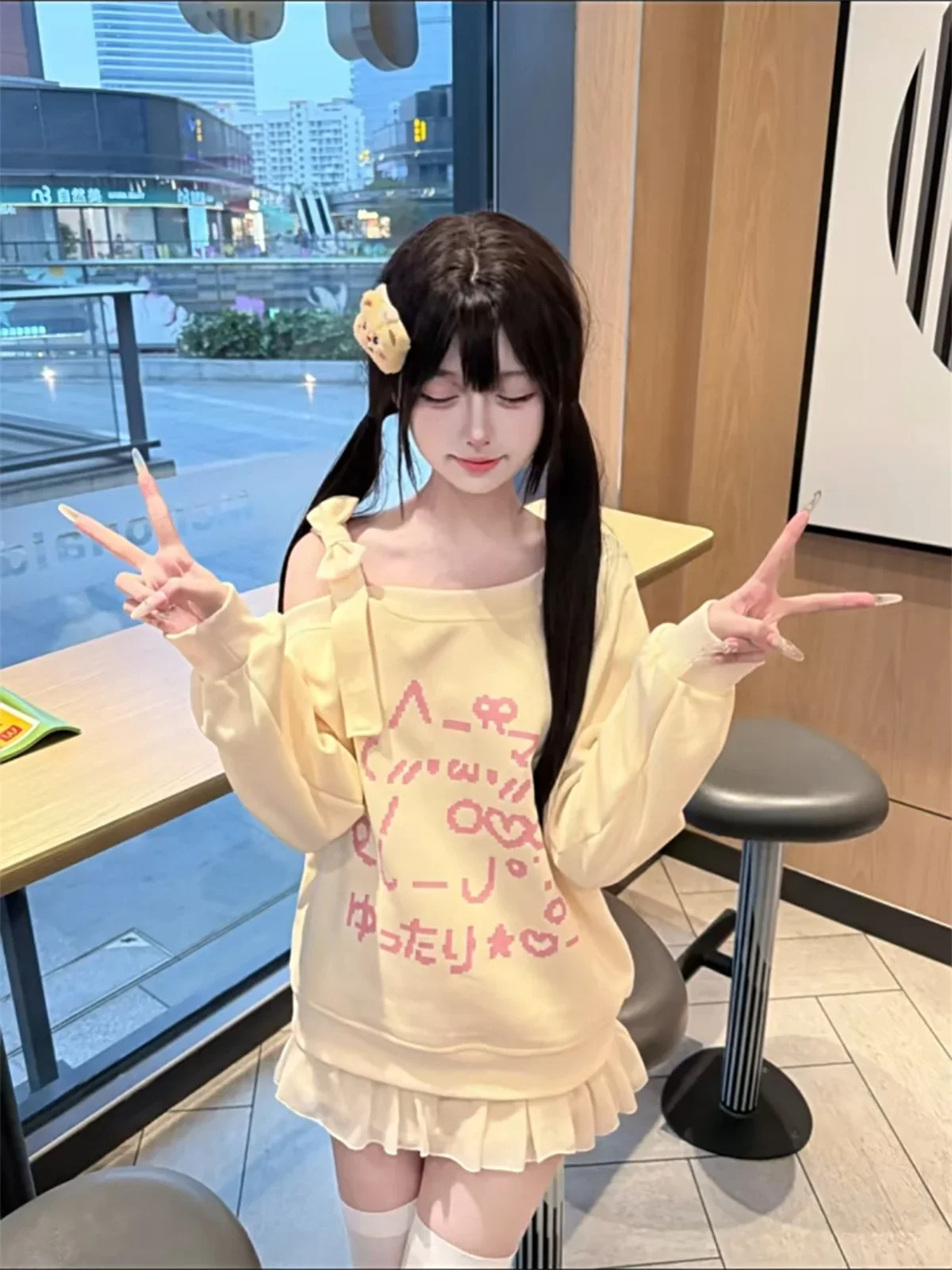 Japanische T-Shirts 2025 Damenbekleidung Schleife Cartoon Langarm Camisetas Schulterfreie Lose T-Shirts Lässige Mode T-Shirts Y2k Tops – Detail 3
