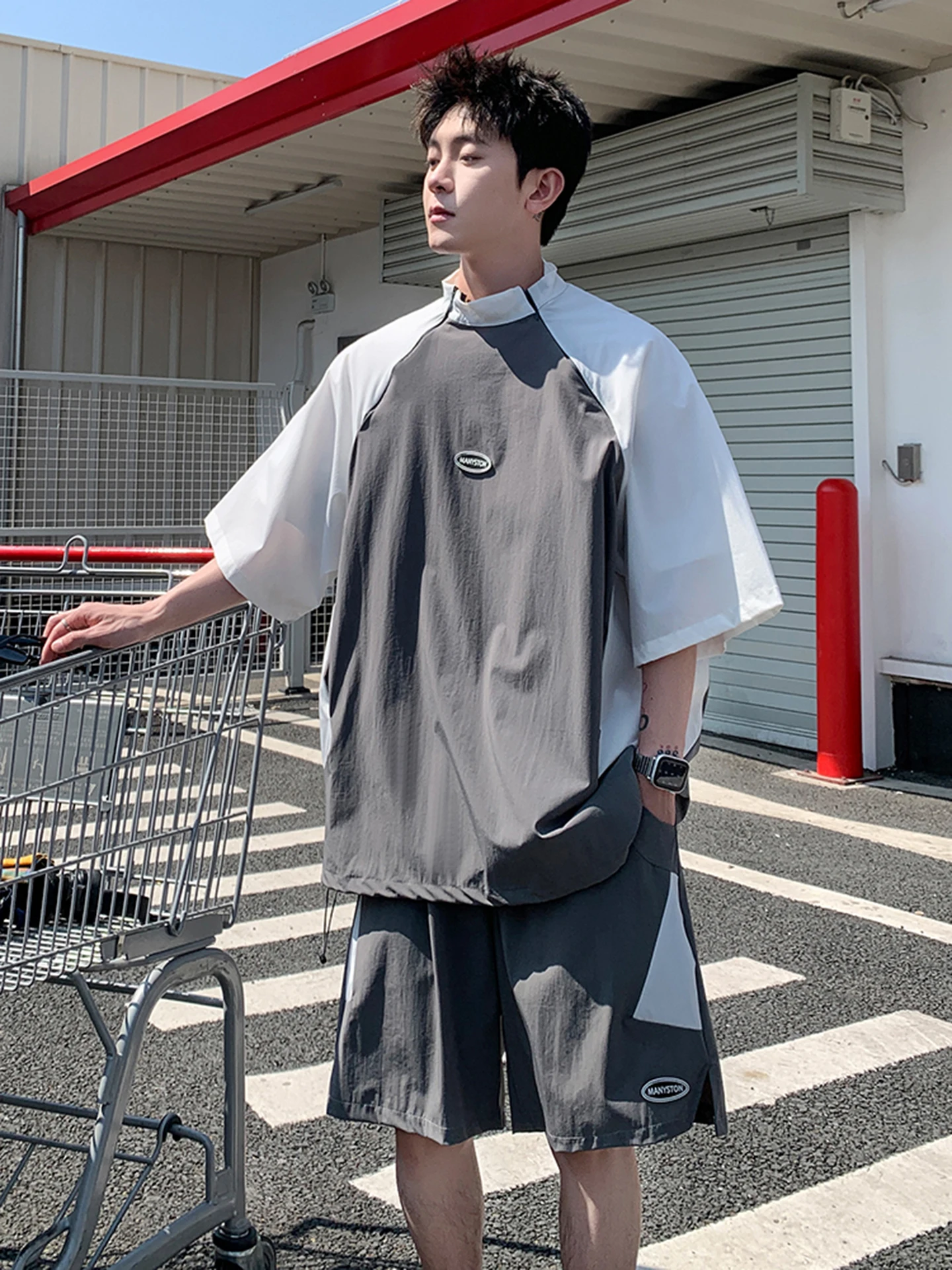 

American Style Color Block Quick Dry Breathable Short Sleeve Casual Set Men Summer Trendy Loose Sport Two Piece Set