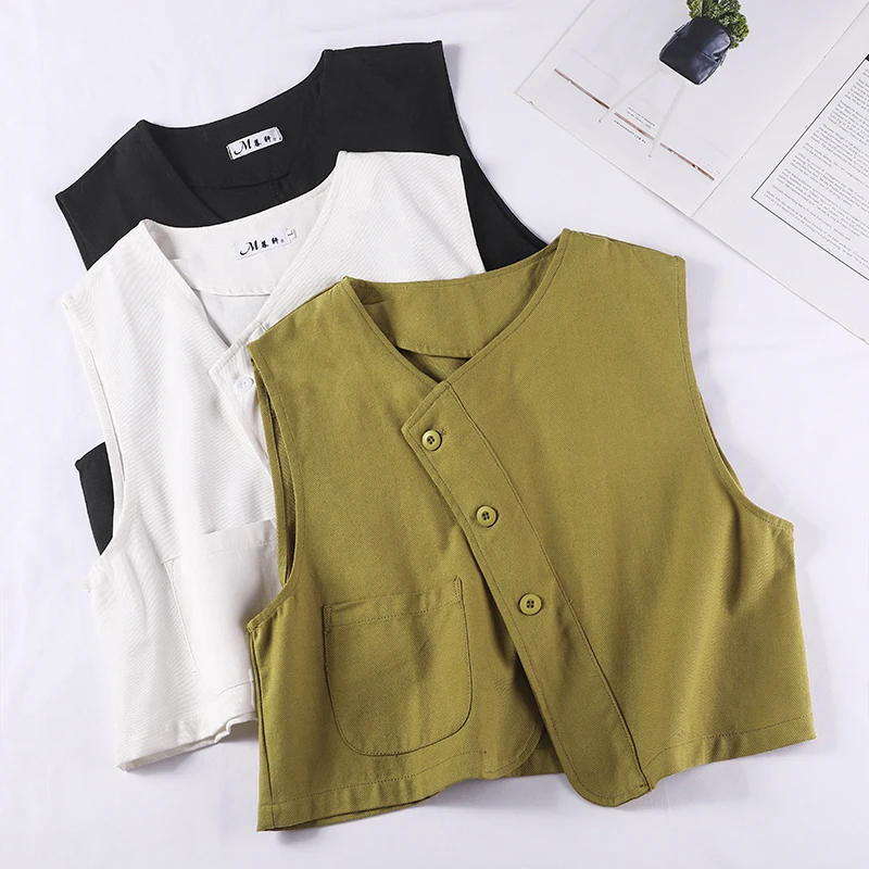

Корейская японская брендовая женская свободная хлопковая льняная майка без рукавов с нерегулярным v-образным вырезом на пуговицах, цветная рабочая одежда
