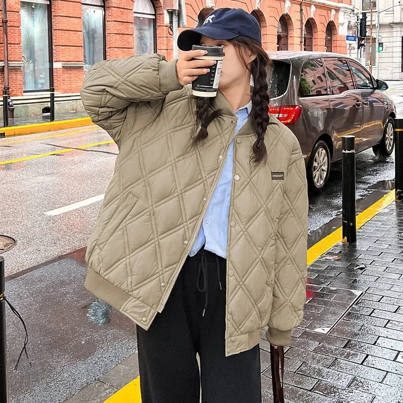 

Oversize Diamond Baseball Wear Jacket Parkas Womens 2022 Winter Warm Cotton Coats Woman Niche Design Sense Cotton Jacket Outwear