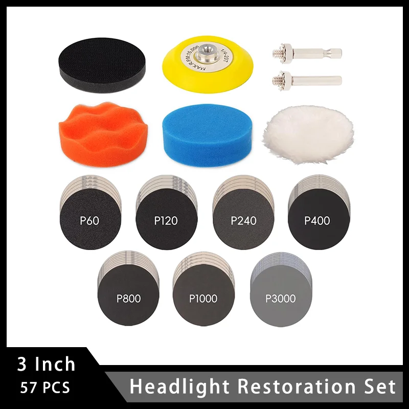 3 Inch Headlight Restoration Set 57 Pcs Polishing and Sanding Kit Assorted 60-3000 Grits for Automotive Wood Metal & DIY Project