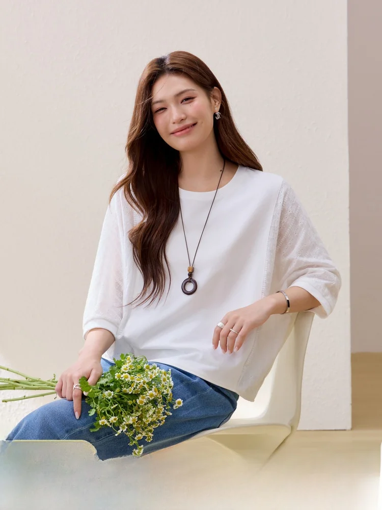 

Qingfeng White Tea Embroidered Patchwork Seven Sleeve T-Shirt Slim Fit Large Size Women's Summer New Style Cotton Polyester B...