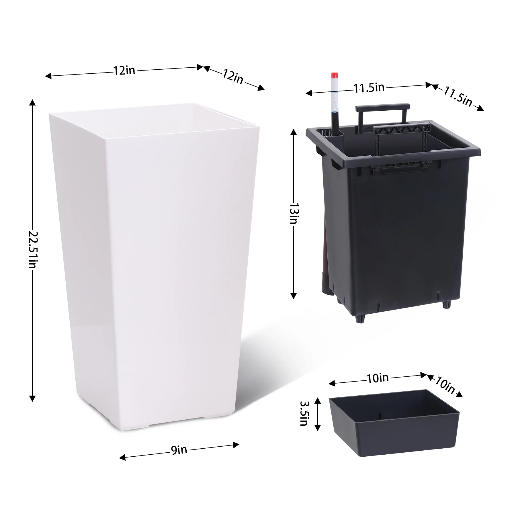 23" Tall Black Planter Pots with Automatic Watering, Drainage Holes, Water Level Monitor & Elegant Tapered Design for Indoor/Out