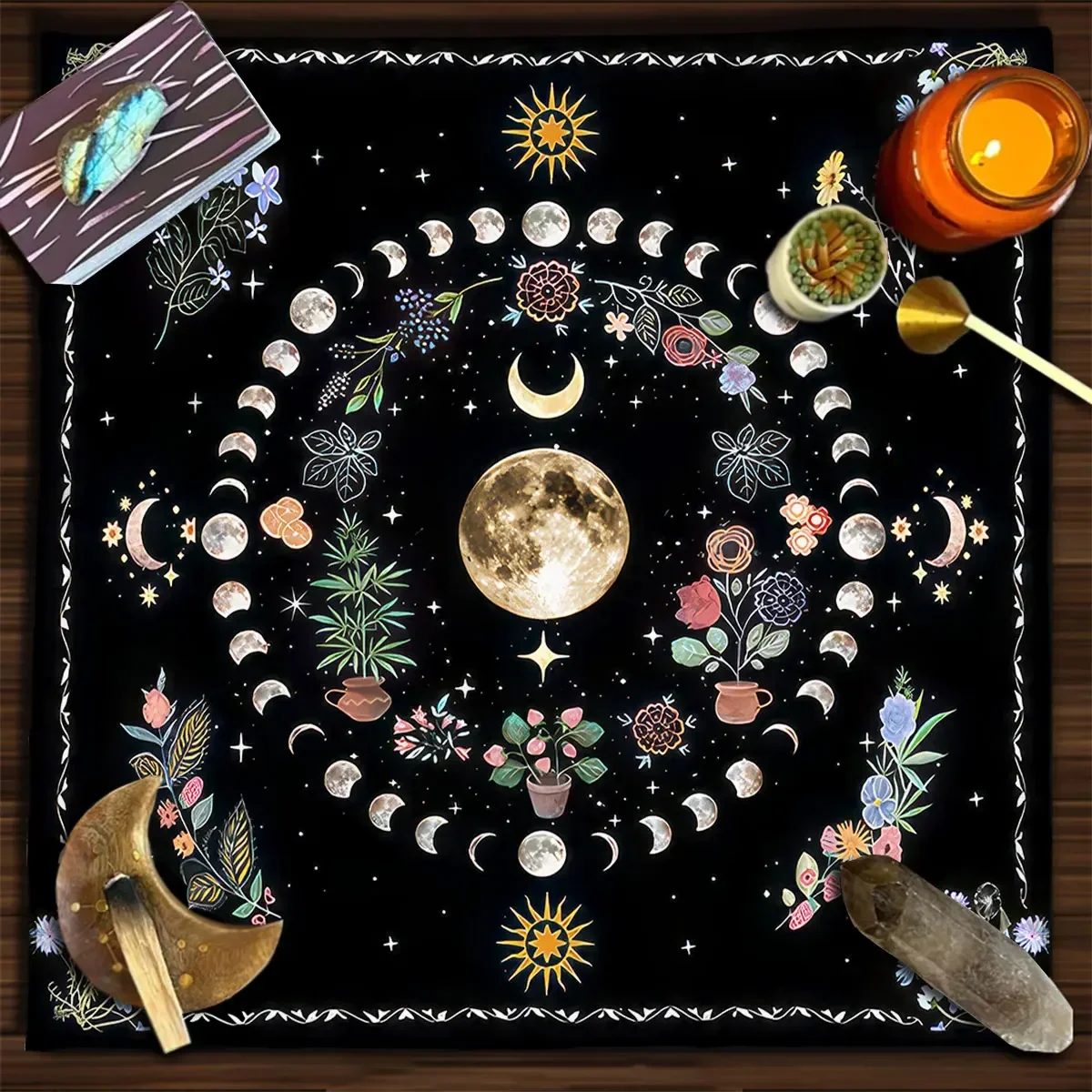 Botanical Moon Altar Cloth Tarot Mat Triple Moon Flower Spread Tarot Reading Cloth Spiritual Oracle Card Pad Divination Tools