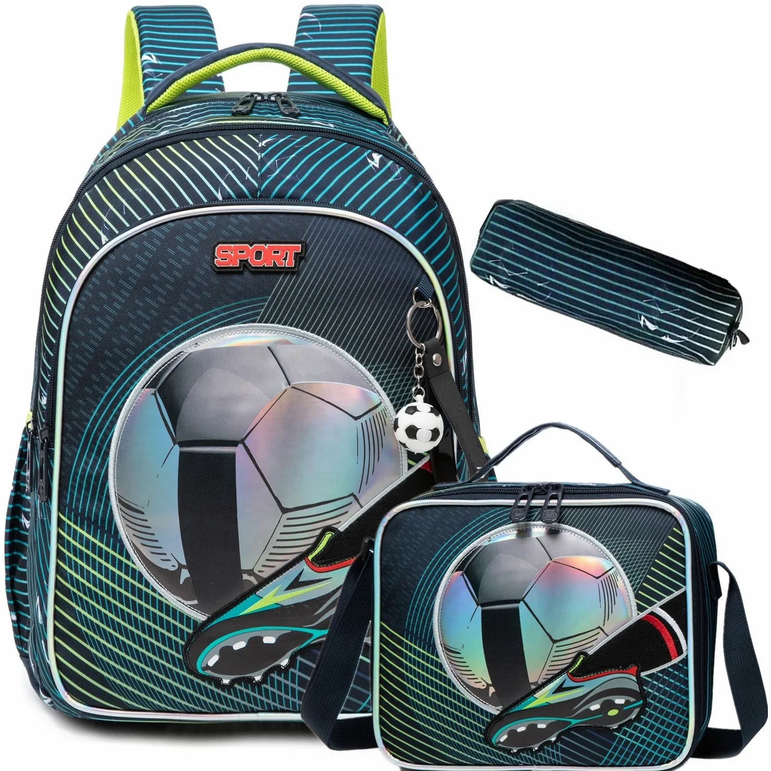 

3PCS Backpack Set for Boys Kids Football Theme School Bag Large Capacity Bookbag for Students Cool Gift for Birthday Training