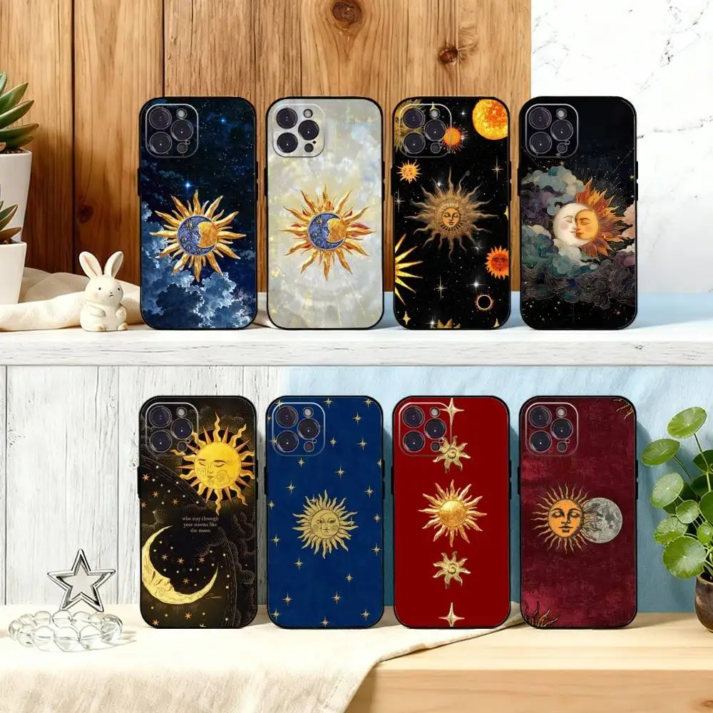 

Abstract Painting Sun And Moon Phone Case For iPhone17,16,15,14,13,12Plus,Pro Max,XS,5G Soft Silicone Black Cover