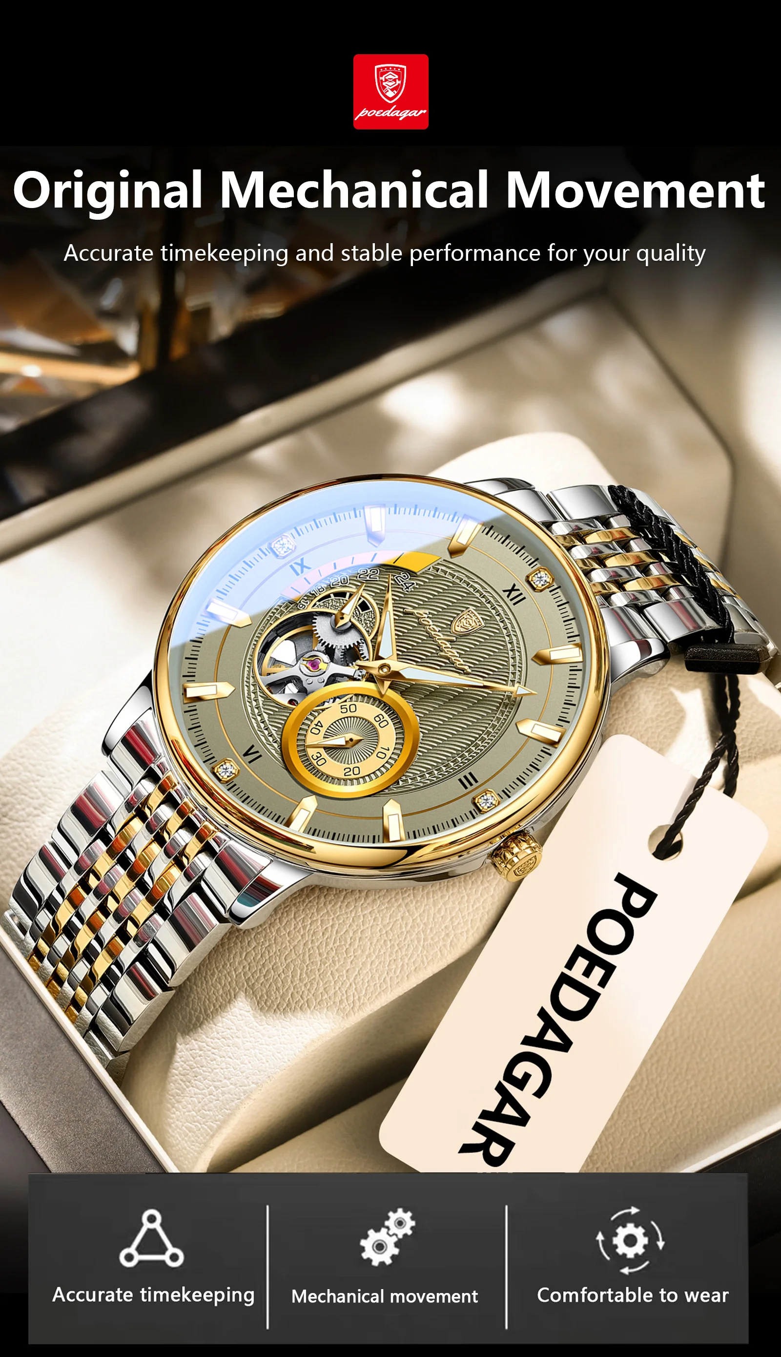 POEDAGAR Top Luxus Mann Armbanduhr Leucht Hohl Tourbillon Edelstahl Männer Uhr Mechanische Automatische herren Uhren Reloj – Detail 7