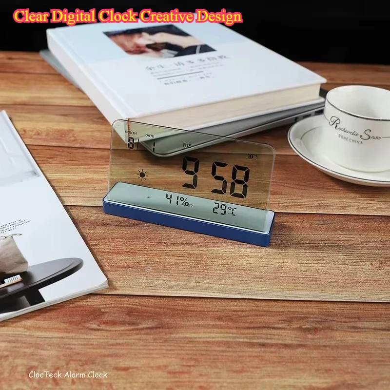 Clear Digital Clock Creative Design - Transparent Large Screen Temp Humidity Date Electronic Alarm