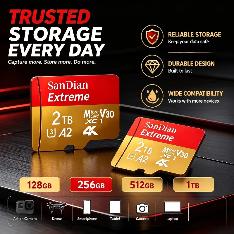 2026 Micro TF/SD Memory Card with 128GB and 1TB Class10, Mini Card for Camera, Tablet Devices and Phone.