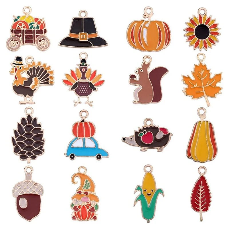 64Pcs Thanksgiving Enamel Charms Alloy Fall Charm Bulk Alloy Autumn Harvest Sunflower Turkey Pumpkin