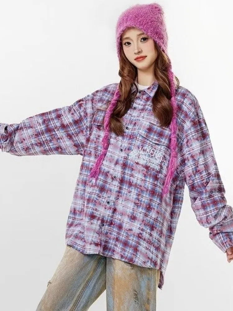 Shirts Women Chic Streetwear American Style Baggy Plaid Single Breasted Thin Autumn Fashion Hip Hop Casual Normcore Long Sleeve