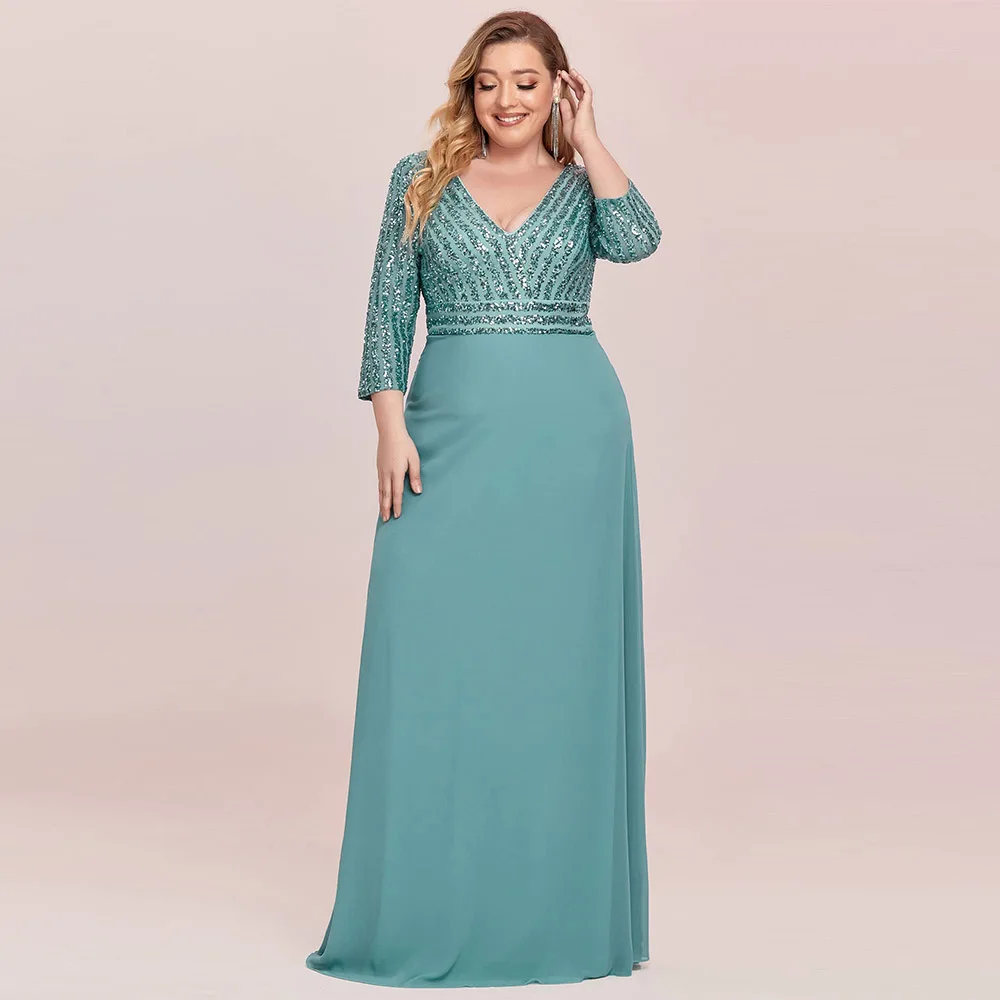 

Customized Elegant Formal Women's Plus Size Mother of The Bride Dress V-Neck Sparkle Sequins Chiffon 3/4 Sleevess Formal Dresses