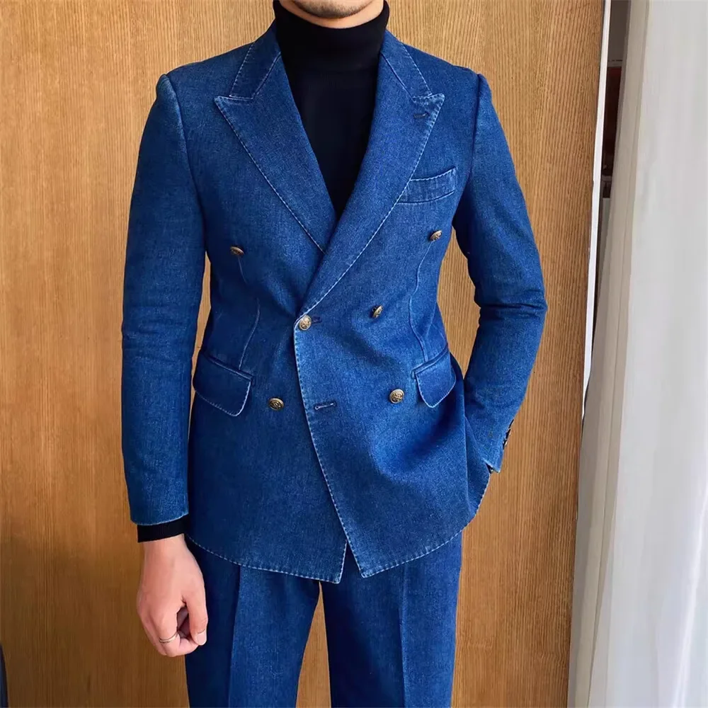 Chic Blue Denim Men Suits 2 Piece Double Breasted Peak Lapel Blazer Sets Side Slit Casual Daily Office Fashion Slim Men Clothing