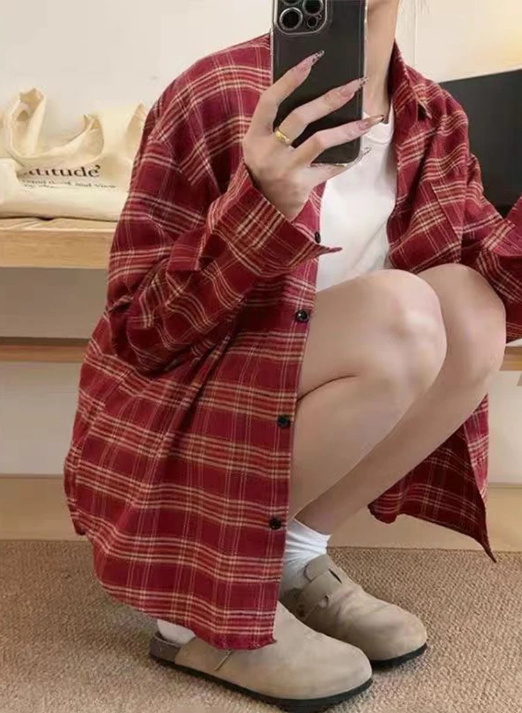 Camisa a cuadros súper blanca y roja para mujer, Rebeca holgada retro, estilo perezoso, chaqueta informal versátil, Verano