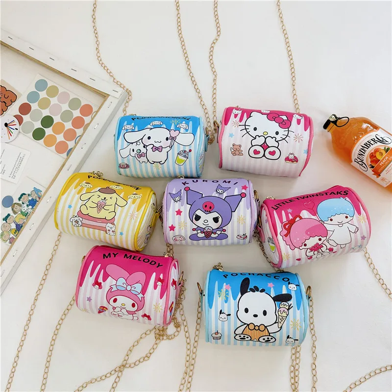 Sanrio tas bahu bundar kecil Hello Kitty Melody Kuromi perempuan dompet koin portabel tas selempang periferal Anime hadiah anak-anak