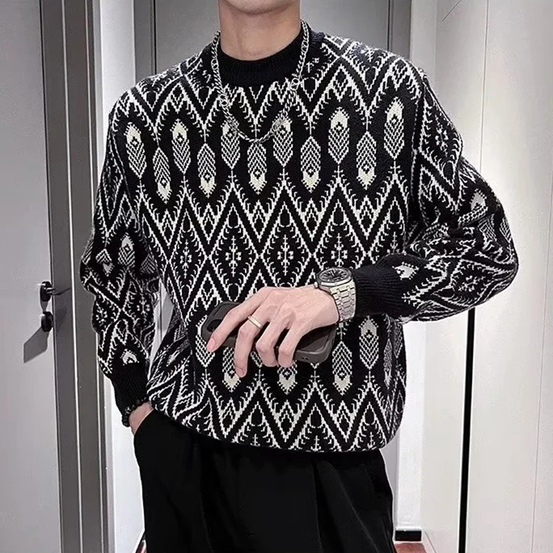 

Vintage Geometric Jacquard Knit Tops Men Sweater Fashion O Neck Long Sleeve Slim Knitted Jumper Casual Men's Bottoming Sweaters