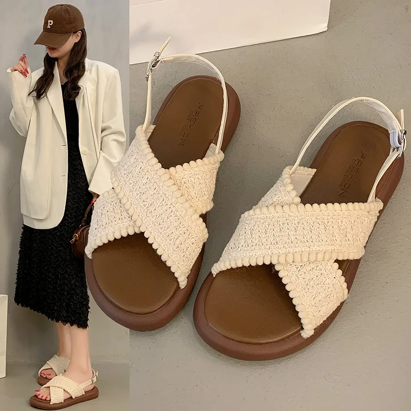 2025 Summer Low Sandals Woman Leather Suit Female Beige Cross Women’s Shoes Large Size Low-heeled Gladiator Black Comfort Girls