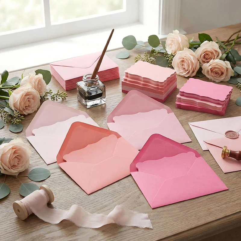 10/20/40Set Random Pink Color Envelope Wavy Edge Card Kit Graceful Color Matching Blank DIY Card Wedding Birthday Party Gift ZYF