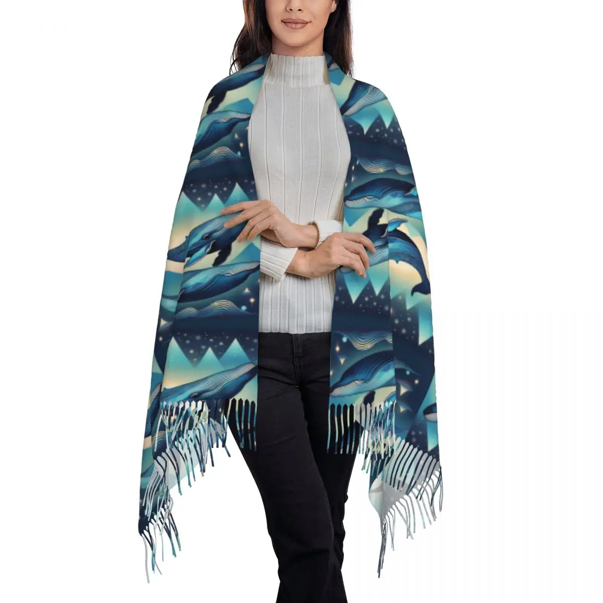 Two Spiritual Humpback Whales With Tribal Designs Scarf Tassel Scarves Women Soft Warm Shawls and Wraps Large Winter Shawl Wrap