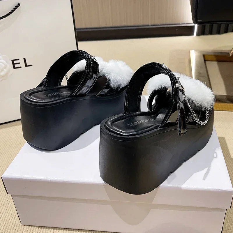 8.5 سنتيمتر الشرير برشام مكتنزة أسفل الارتفاع زيادة الصنادل النساء الصيف الشاطئ تنفس شبشب جلدي الإناث الترفيه أسافين #3