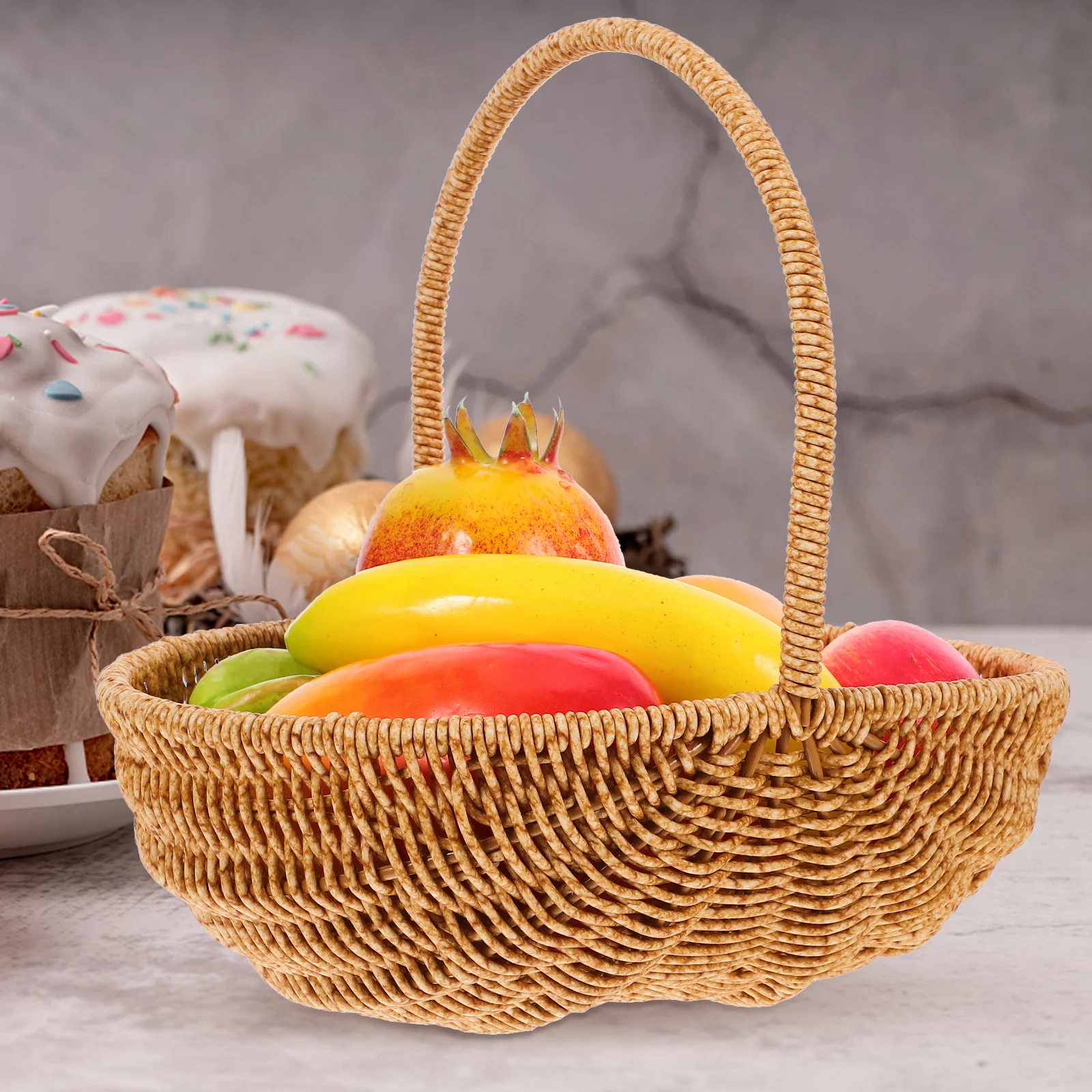 

Picnic Basket Fruit Storage Woven Handle Imitation Rattan Bread Organizer Camping Grocery Sundries Container Travel Snacks