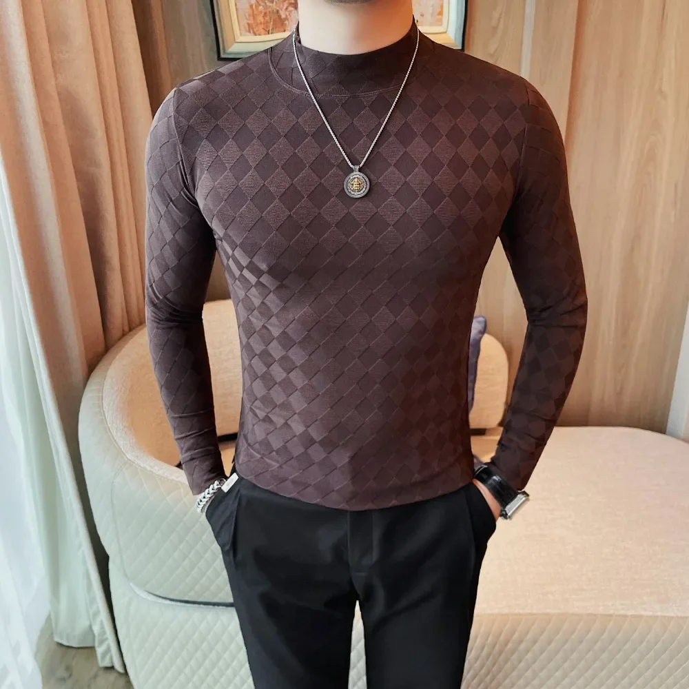 Men Half High Collar T-shirt 2024 Autumn Solid Casual Wrinkle resistant soft Elastic Slim Fit Long Sleeves T Shirt Men Clothing