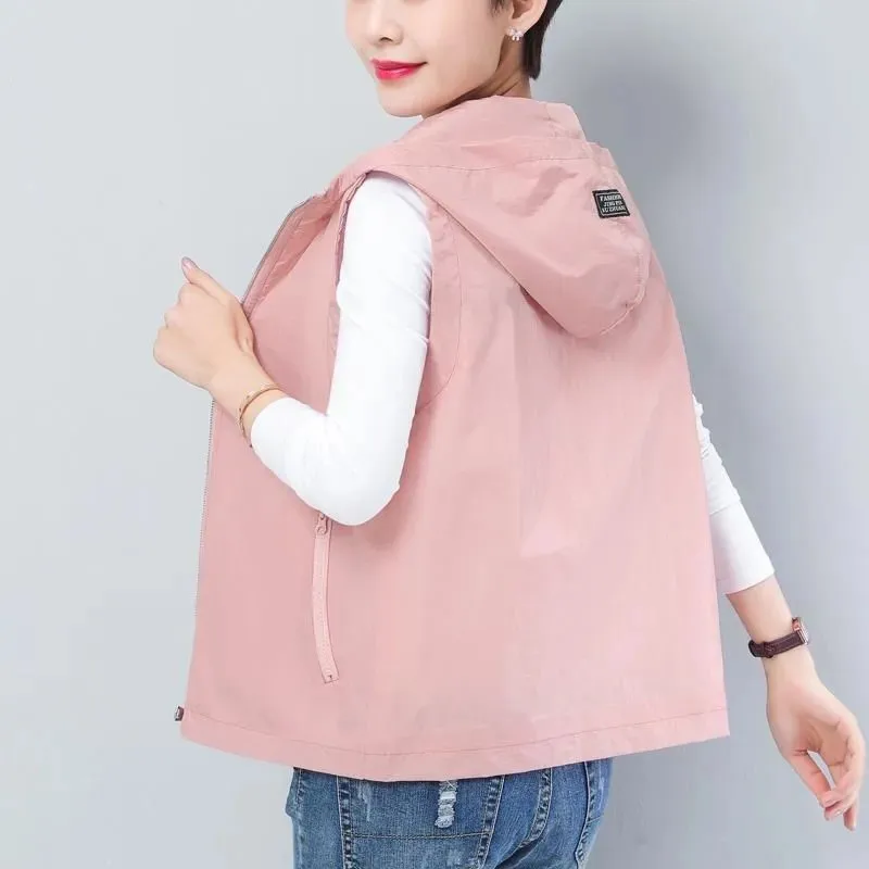 

Plus Size Women's Vest Cardigan Jacket 2025 Summer New Female Hooded Joker Sunscreen Coat 300 Kg Loose Vest Overcoat