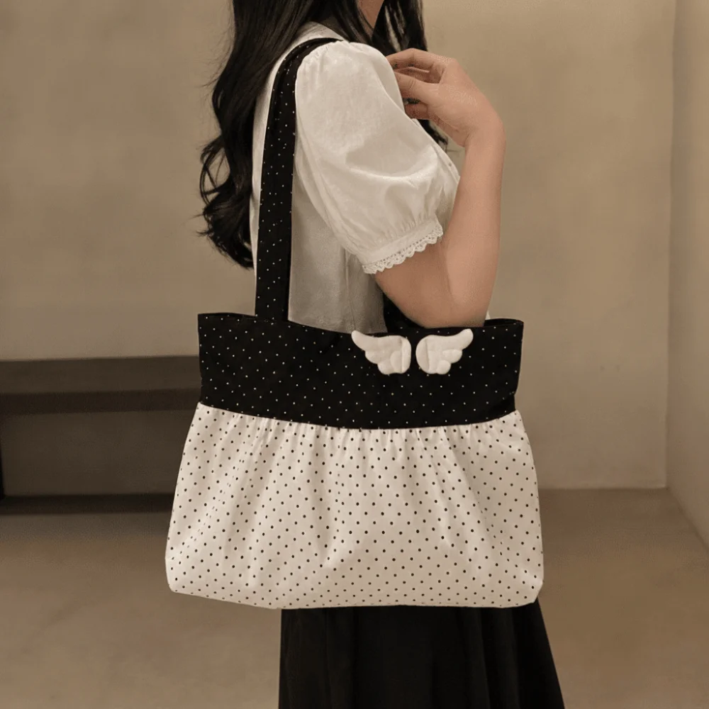 Cute Wing Polka Dot Shoulder Bag Canvas Pleated Underarm Bag Ruffled Large Capacity Printing Handbag Girls